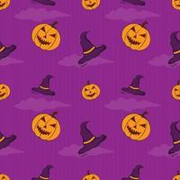 pumpkin character seamless pattern cloud, hat halloween ornament object holiday event purple color background design vector graphic, wrapping paper, decorative beautiful colorful wallpaper