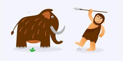A primitive man hunts a mammoth in a hand-drawn cartoon style. Vector illustration