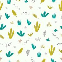 Seamless pattern with leaf branches, blades of grass, shapes, flowers highlighted on a beige background. For textiles, packaging paper, posters, backgrounds, decoration of children's parties. vector