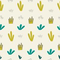 Seamless pattern with leaf branches, blades of grass, shapes, flowers highlighted on a beige background. For textiles, packaging paper, posters, backgrounds, decoration of children's parties. vector