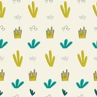 Seamless pattern with leaf branches, blades of grass, shapes, flowers highlighted on a beige background. For textiles, packaging paper, posters, backgrounds, decoration of children's parties. vector