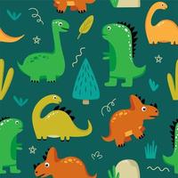 Seamless pattern with funny dinosaurs on a dark turquoise background. Use for textiles, packaging paper, posters, backgrounds, decoration of children's parties. Vector illustration