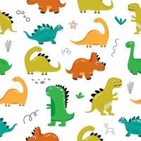 patrón impecable con dinosaurios divertidos sobre un fondo blanco. uso para textiles, papel de embalaje, carteles, fondos, decoración de fiestas infantiles. ilustración vectorial vector