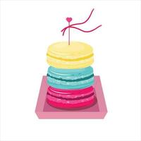 Macarons in different colours. Package with sweet macarons. Illustration with dessert. For cards, menu, advertisements, banner. vector