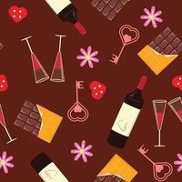 Seamless pattern with bottle of red wine, flowers, chocolate. Romantic pattern. Floral patten with red background. For textile, wrapping paper, paper, print, packaging, wallpaper. Vector pattern.