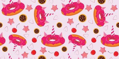 Pink seamless pattern for Happy Valentine's Day with unicorn donuts and sweets. Donut background. For textile, paper, wrapping paper, packaging. vector