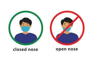 appeal to use correct mask, for prevention corona virus pandemic, avatar human flat design character, protection, nose must be closed, vector graphic