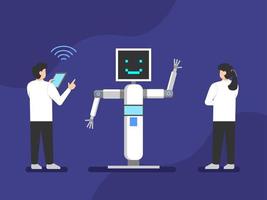 Young male and female researchers in white clothes program a robot. Artificial intelligence science. Flat style vector illustration