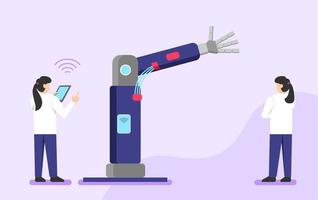 female researcher in white clothes program a hand robot. Artificial intelligence science. Flat style vector illustration
