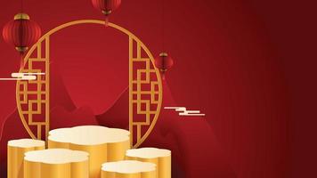 Abstract minimal mock up scene. podium for show product display. stage pedestal or platform. Chinese new year red and gold background. 3D vector