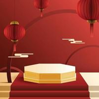 Abstract minimal mock up scene. podium for show product display. stage pedestal or platform. Chinese new year red and gold background. 3D vector