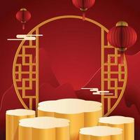 Abstract minimal mock up scene. podium for show product display. stage pedestal or platform. Chinese new year red and gold background. 3D vector