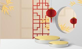 Escena de maqueta mínima abstracta. podio para mostrar la exhibición de productos. pedestal o plataforma de escenario. año nuevo chino fondo rojo y dorado. Vector 3d