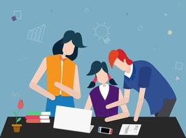 Flat Vector Image showing three people discussing in a work space as a teamwork