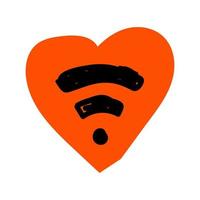 Valentines Day doodle icon Wi-Fi sign inside red heart shape. With love for wireless technology and the Internet. Abstract Hand drawn, line art, flat vector for web, banner, card, sticker