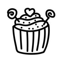 Valentines day Doodle icon cake with heart. Sweet cupcake for cafe and love day. Hand drawn Illustration for web, banner, card, print, flyer, poster, holiday, sticker vector