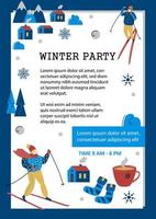 Winter Sport Skiing Poster. Mountain landscape with a cafe and rest. Winter-party banner. Modern Sports template page. Active lifestyle invitation concept. Flat vector cartoon illustration