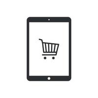 Vector illustration of tablet with basket trolley icon on white background. online shopping icon vector.