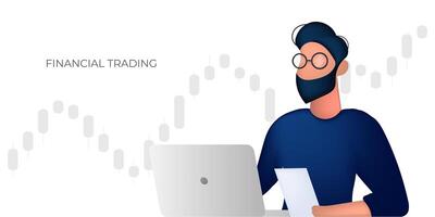 Trading banner. A man works at a laptop. Candlestick chart, analytics, stock exchange, trading. Stock market investment trading concept. Vector illustration.