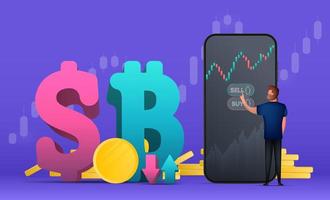 A man buys a dollar or bitcoin. Stock market investment trading concept. Trading banner. Candlestick chart. Vector illustration.