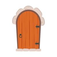 Antique wooden door. Stone cladding. Wood texture. Cartoon style. Isolated, vector illustration.