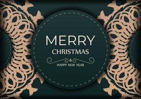 Merry christmas card in dark green color with luxury yellow ornament vector