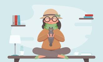 The girl sits in the lotus position on the table and holds the cat. Vector. vector