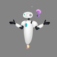 Confused white flying robot. The bot makes a helpless gesture. Vector. vector