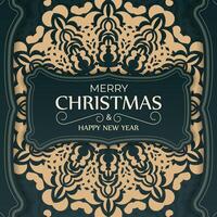 Dark green Happy New Year greeting card template with vintage yellow ornament vector