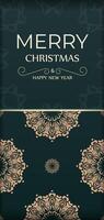 Greeting card template Merry Christmas and Happy New Year in dark green color with winter yellow ornament vector