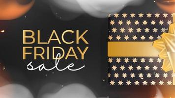 Black Friday sale banner. Gift box. Black and gold, lettering. Realistic frame made of fire and smoke. Vector illustration.