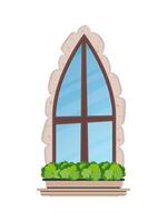 antigua ventana con flores y revestimiento de piedra. estilo de dibujos animados vector