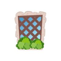 Old rectangular window with stone cladding and greenery on the windowsill. Wooden lattice on an old window. Isolated. Vector. vector