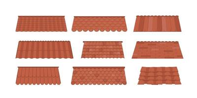 gran conjunto de techos para el diseño de casas de verano. techo de tejas marrones aislado sobre fondo blanco. estilo de dibujos animados ilustración vectorial