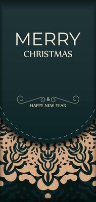 Merry Christmas and Happy New Year greeting card template in dark green color with vintage yellow ornament