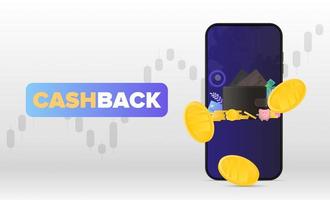 Cashback banner. Gold coins fall near the phone. Refund application. Get out with the financial charts. Concept on the topic of earnings. Vector illustration.