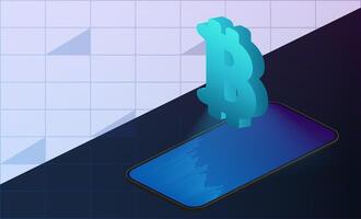Bitcoin sign in isometric illustration. Background with financial charts and place for text. Analytics, business or financial exchange trading concept. Neon colors. . vector