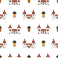 Seamless pattern with castle and towers. Endless background. Good for wrapping paper, postcards, and books. Vector illustration.