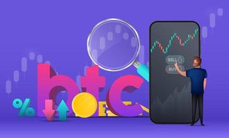 Trading banner. A man buys bitcoin on a mobile app. Stock market investment trading concept. Candlestick chart. Vector illustration.