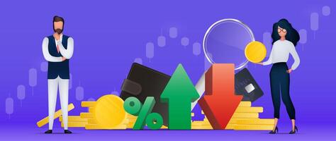 Man and woman are businessmen. Percentage with up and down arrows. Wallet, bank card, graph, magnifier. The concept of trading and trading on the finance exchange. Vector. vector