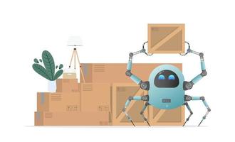 A small futuristic robot picks up a box. The concept of moving home or office. Cartoon style. Isolated. Vector illustration.