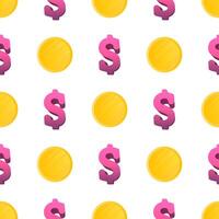 Dollar icon and gold coins seamless pattern. Endless background for websites and applications. Vector image