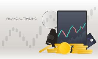Financial trading banner. Tablet displaying stock market quotes, gold coins, bank card, coin and magnifying glass. Stock market investment trading concept. Vector illustration.