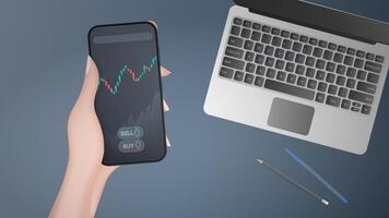 A hand holds a phone with a growth graph. Analyst or trader's workplace. The concept of trading on the finance exchange. Vector