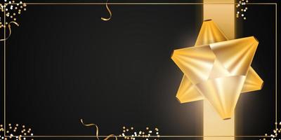 Black festive background with gold bow or bow and confetti. Vector.