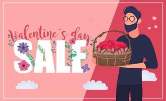 banner de venta del día de san valentín. el hombre sostiene una gran canasta de flores. vector. vector