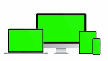 maquetas de dispositivos modernos pc, computadora portátil, tableta, teléfono inteligente con pantallas verdes. Animación 4k para presentación en pantalla de maqueta. video