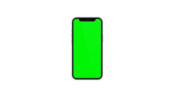 mobiltelefon med tom grön skärm, framifrån, isolerad på vit bakgrund. 4k-animation för presentation på mockup-skärm video