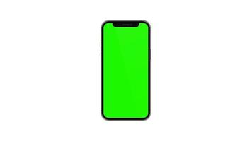 Mobile phone with blank green screen, front view, isolated on white background. 4K animation for presentation on mockup screen video