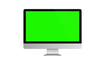 Computermonitormodell mit grünem Bildschirm, Vorderansicht, isoliert auf weißem Hintergrund. 4k-Animation video